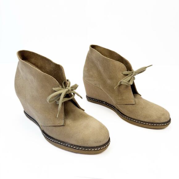 J. Crew Tan Suede Leather Made in Italy Lace Up Wedge Heel Booties Sz 7 Preppy - Picture 2 of 11
